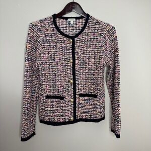 Talbots Multicolor Tweed Cardigan with Black Trim